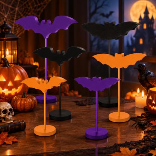 Halloween Wooden Bat Decorations Set - Purple & Orange, 6 Pieces with Stand