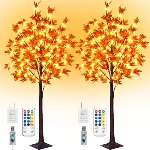 5FT Fall Maple Tree Lights - 90 LEDs, Remote & 8 Flashing Modes, Outdoor Decor - 2 Pack