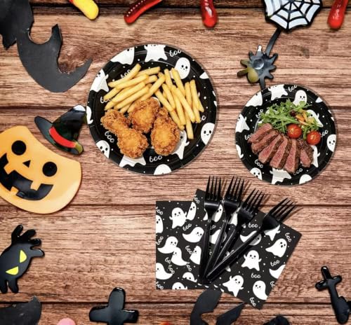 Halloween Paper Tableware Set with Ghost Design, 100 Pcs - Serves 25 - Halloween
