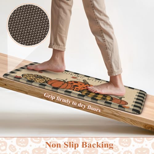 KIMODE Fall Decor Kitchen Rugs Set - Plaid & Pumpkin, Non-Slip, 2-Piece