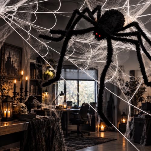 Halloween Giant Spider with Web - 59-Inch Furry Spooky Decor Set