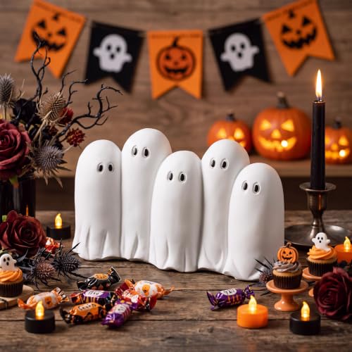 Gerrii Cute Ghost Halloween Table Decor - Classic White Resin Ghosts - Set of 5