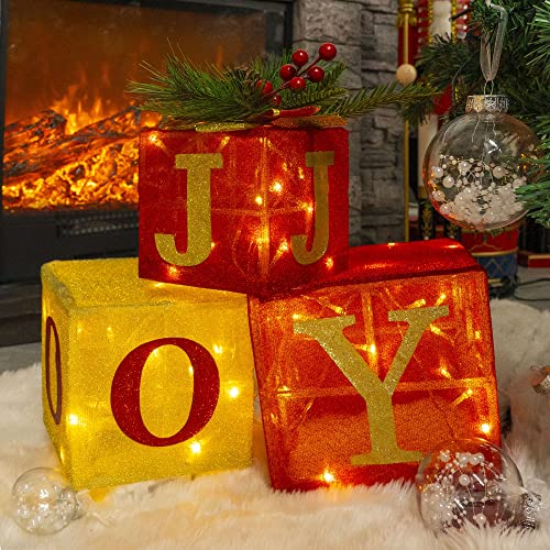Christmas Lighted Gift Boxes Set of 3 with White LED Lights - Joy Variation