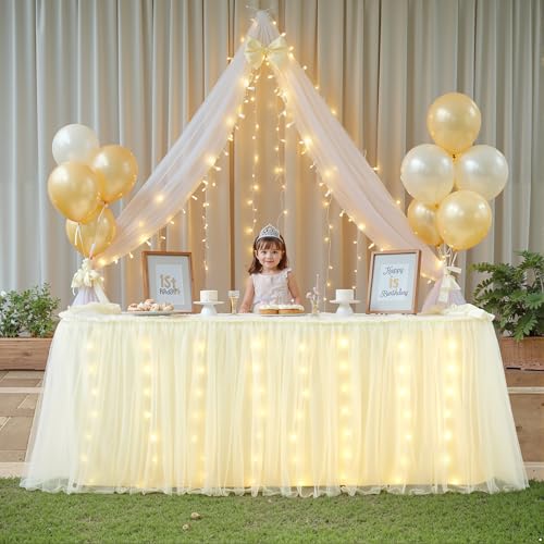 17FT Champagne Tulle Table Skirt with LED Lights - Ruffle 2-Layer for Weddings & Parties (204" x 30")