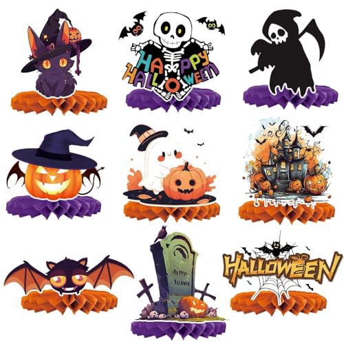 Halloween Honeycomb Centerpieces Set of 9 for Tables - Ghost, Pumpkin, Skull, Cat - Reusable Party Decor