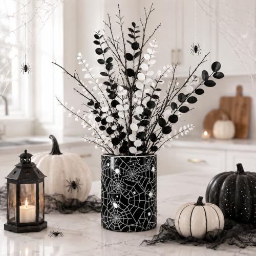 Halloween Utensil Holder - Black Spider Web Ceramic Kitchen Organizer - 6 Inch
