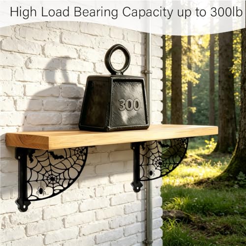 Spider Pattern Heavy Duty Decorative Shelf Brackets - Black Iron Wall Mount Support - Set of 2