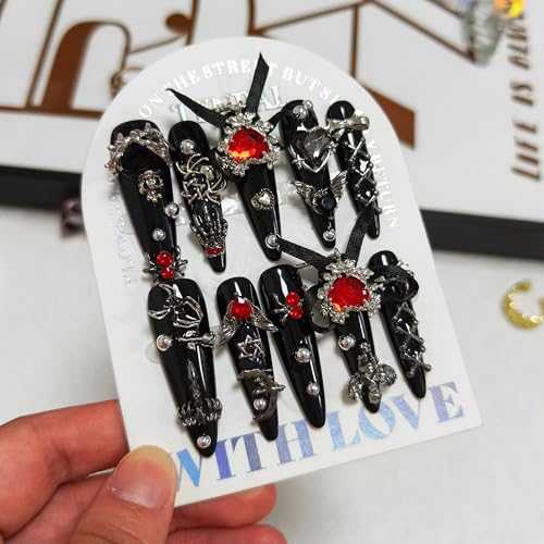 Long Stiletto Press-On Nails Black Red Spider Gothic Variation #068 S