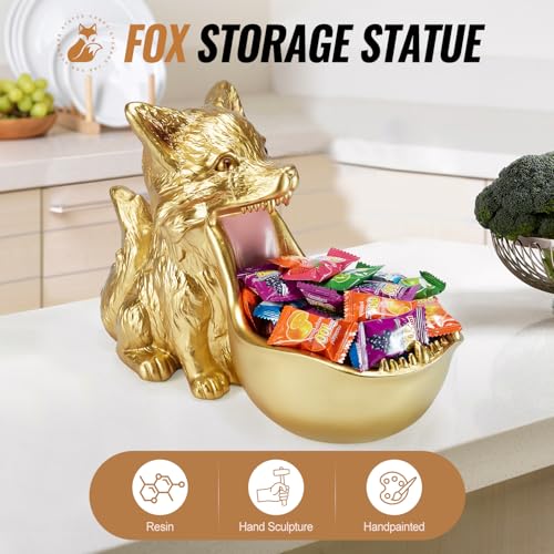 Black Wolf Resin Fox Statue with Gold Finish - Home Decor & Gift