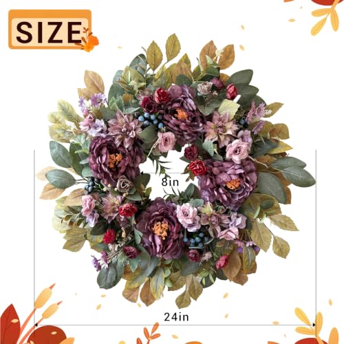 Purple Fall Wreath for Front Door - 24 Inch Autumn Decoration, Handcrafted with Flowers & Berries