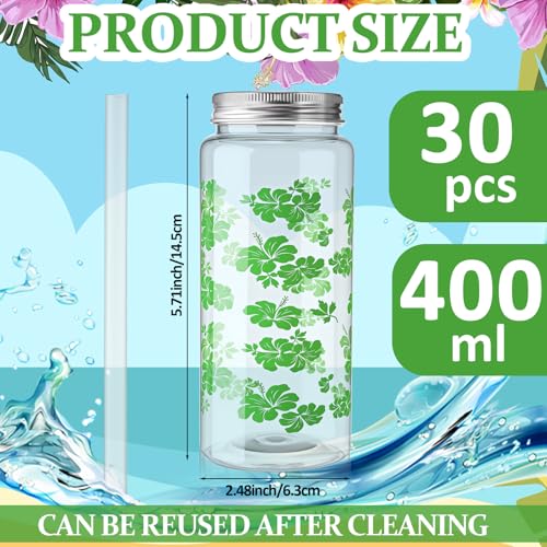 Hawaiian Hibiscus Party Cups with Lids and Straws – 30 Count, 13.5 oz Plastic Tumblers for Weddings and Celebrations