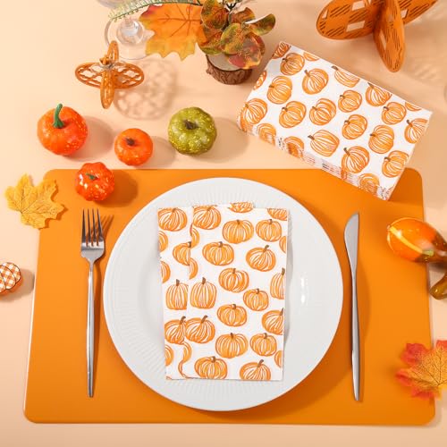 Pumpkin Autumn Fall Disposable Paper Napkins - 100 Pack, 3-Ply, Line-Art Design