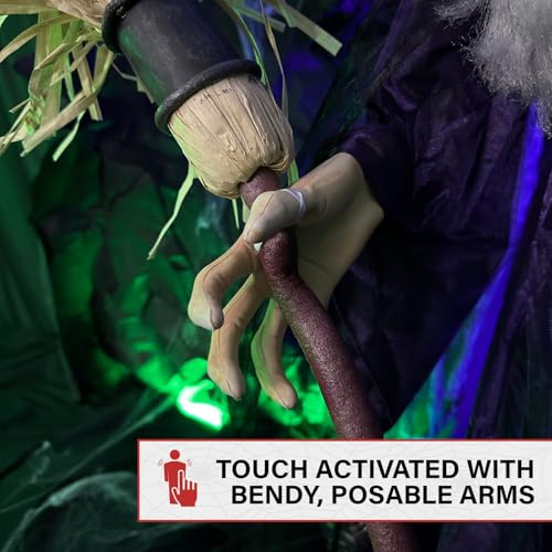 72-Inch Life-Size Talking Witch with Broomstick Halloween Animatronic - Touch Activated Lights and Sound