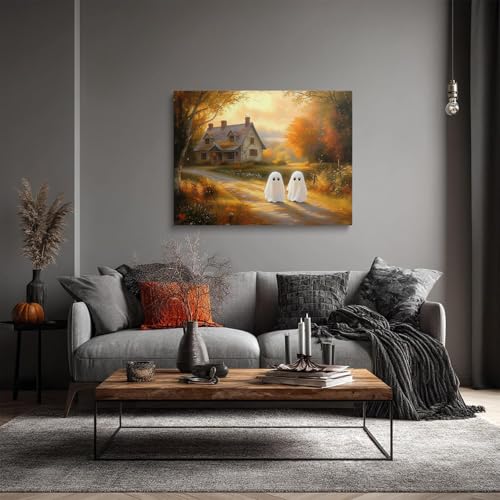 Halloween Ghost Wall Art Canvas 12x16 Inches Spooky Rustic Decor with Gold Accents