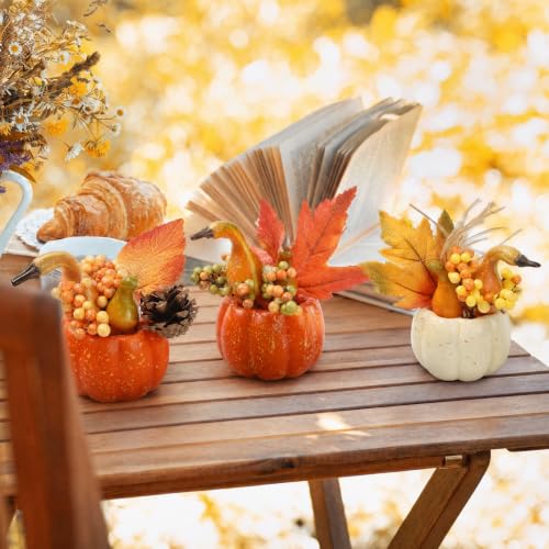 Artificial Fall Pumpkin Set with Maple Leaves & Berries - Style 3, 6 Pieces