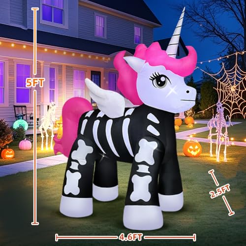 5FT Halloween Inflatable Skeleton Unicorn Outdoor Decor with LED Lights