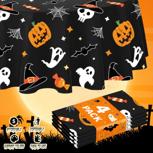 Halloween Tablecloth 4 Pack | Pumpkin Ghost Round Plastic Cover 84" - Home Decor & Party Supplies