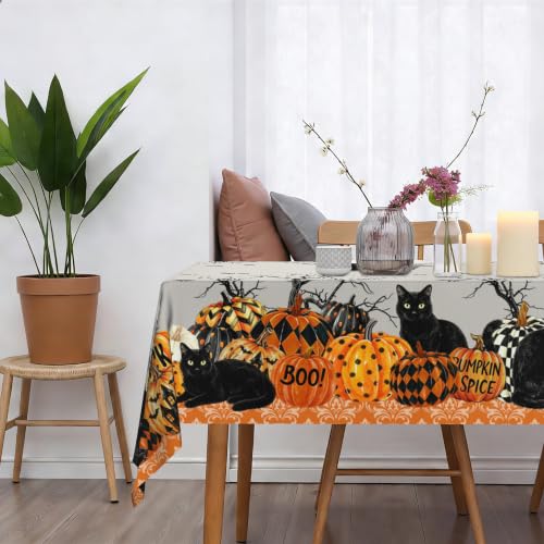 Halloween Tablecloth 60x84 Inch Rectangular Black Cat & Pumpkins Reusable Washable