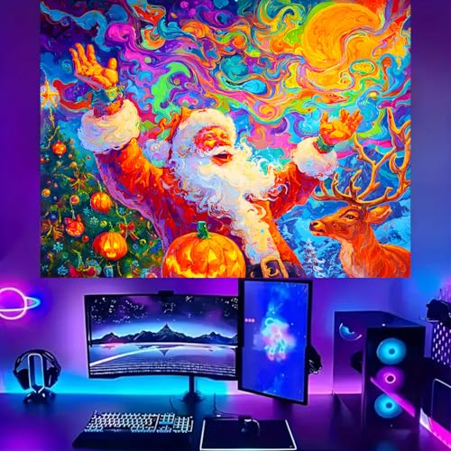 Merry Christmas Black Light Tapestry - UV Reactive Wall Hanging Santa Tree Snowman Elk 90L x 70W Unframed