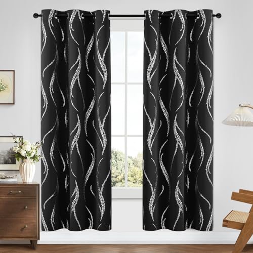 Blackout Curtains with Silver Wave Pattern, 42x72 Inches, Pack of 2 - Room Darkening Drapes for Living Room & Bedroom