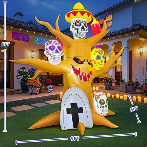 8FT Halloween Inflatable Tree Decoration with LED Skulls - Day of The Dead Yard Decor