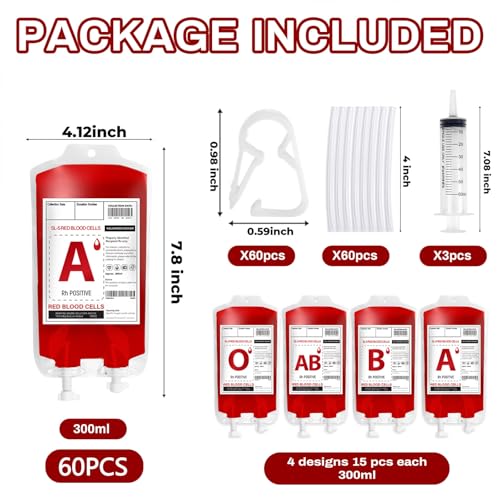 Halloween Blood IV Bags for Drinks - 60 Pack Reusable Container with Syringes & Clips - Variation: 60 Bags & 3 Syringes