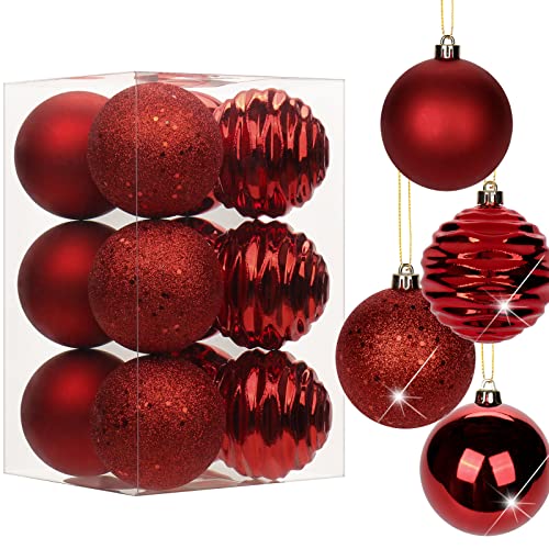 Christmas Ball Ornaments Set - Red 3.15 Inch Shatterproof Holiday Tree Decorations (12 pcs) with Hanging Loops