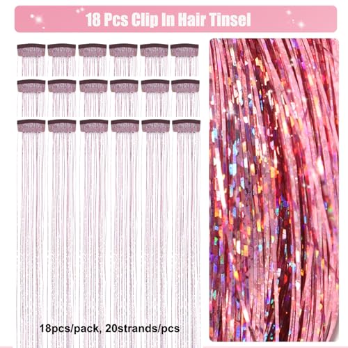 20 Inch Pink Hair Tinsel Clip-In Extensions - Sparkling Glitter Hair Accessories - 18Pcs