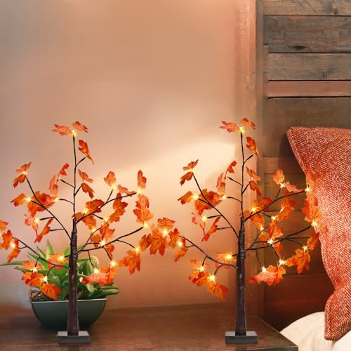 Maple Tree Lights - 2 Pack 2FT Artificial Fall Trees with Timer & LED Warm White for Indoor Decor