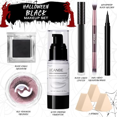 Halloween Black Makeup Kit - White Foundation, Black Lipstick & Eyeliner, False Lashes, Sponges & Brush