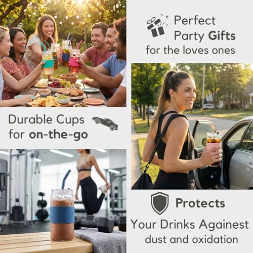 Glass Drinking Cups with Lids & Straws - Water Tumblers, 6 Pack