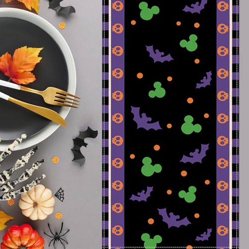 Halloween Bat Table Runner - Black Purple Skull Polka Dot 13x48 Inch - Seasonal Kitchen Decor