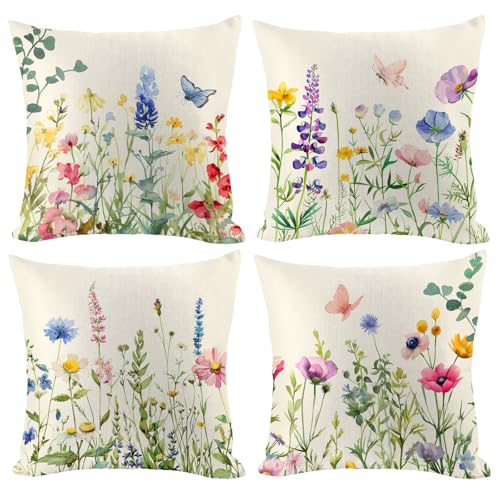 Spring Pillow Covers 20x20 Inch Set of 4 - Floral Farmhouse Decorative Pillowcases - Spring / 20" x 20" (Pack of 4)