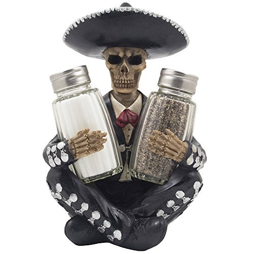 Dia de Los Muertos Skeleton Salt and Pepper Shaker Set with Decorative Figurine Holder