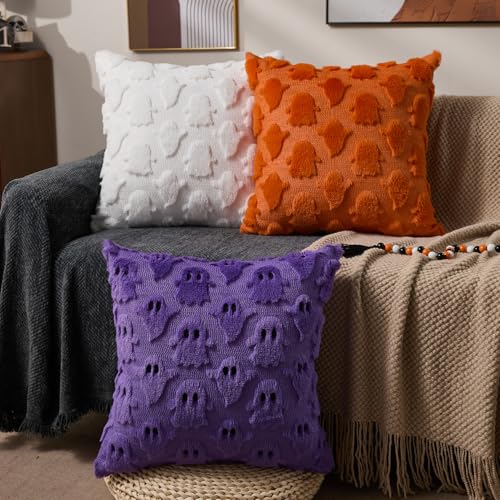 Halloween Pillow Covers 20x20 Inch Purple Ghost Set of 2 - Spooky Home Decor