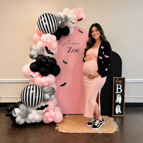 Pink Black White Stripe Halloween Balloons Set with 3D Bat Stickers - 35 pcs