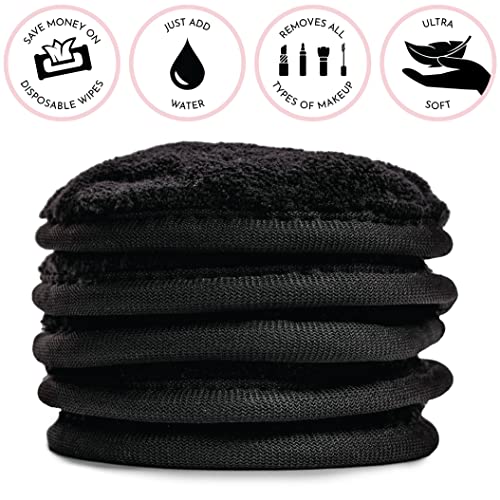 Reusable Makeup Remover Wipes 4-Inch Black Face Towels with Laundry Bag - 5 Pack