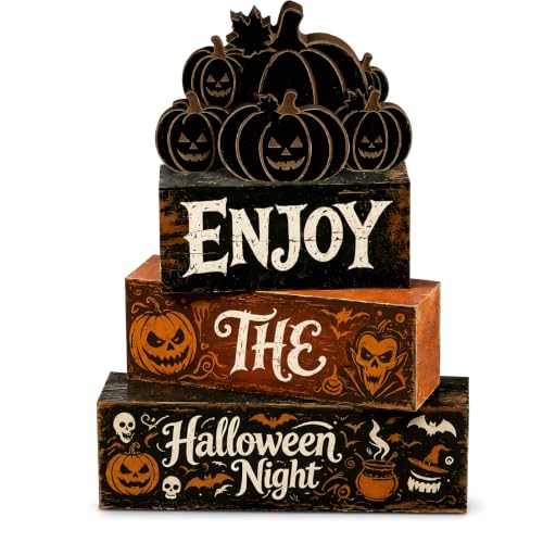 Halloween Wooden Tiered Tray Decor Set with Pumpkin and Spooky Signs