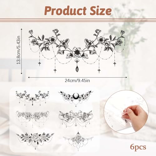 Large Waterproof Floral Moon Rose Temporary Tattoos for Women - 6 Pack