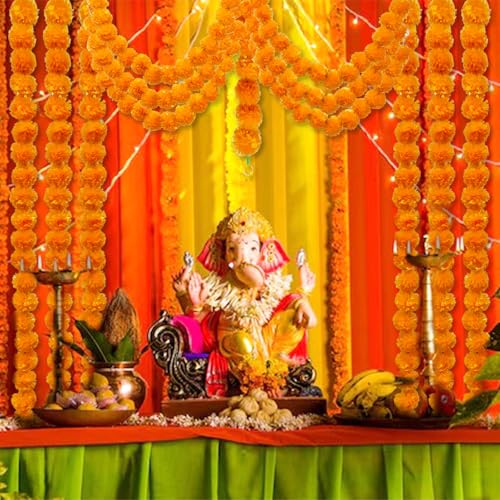 Artificial Marigold Garland for Decoration - 10 Pack, 5 Feet Orange Flowers