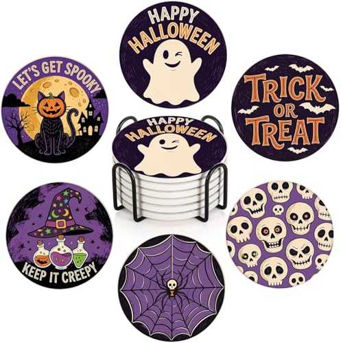 Halloween Ghost Coasters Set of 6 with Purple Witchy Variation - Ceramic Drink Mats