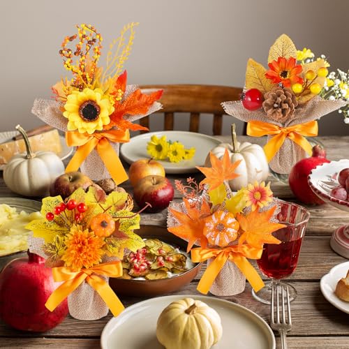 Set of 6 Fall Artificial Potted Flowers for Thanksgiving and Autumn Decor