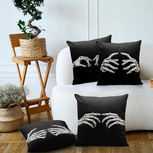 Skeleton Hands Pillow Covers Set of 4 - 18x18 Inch Halloween Gothic Decor