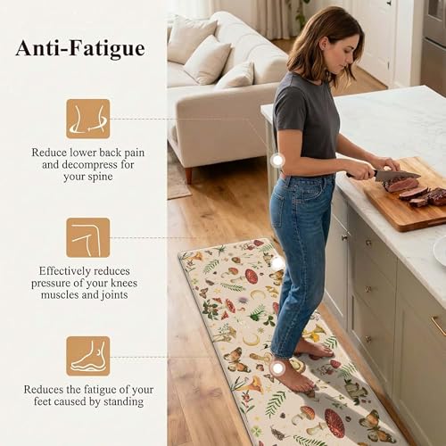Anti-Fatigue Mushroom Kitchen Mat Set 46x17 + 29x17 Beige Non Slip Waterproof Cushioned Floor Rugs