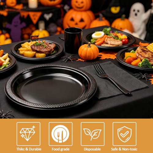 Black Plastic Dinner Plate Set - 30 Pack 9-Inch Disposable Plates & Napkins - Black / 30 Set