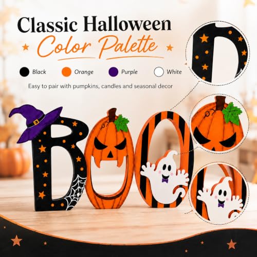 Halloween BOO Table Decorations Set - Wooden Tiered Tray Decor for Fall & Spooky Events