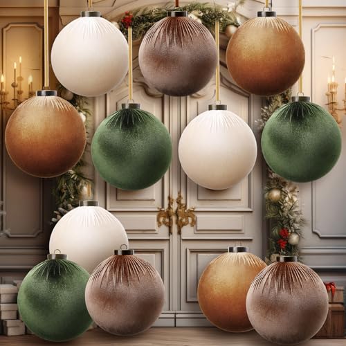 12-Pack Large Velvet Christmas Ornaments - Flocked Shatterproof Xmas Tree Balls - 6 Inch Green & Brown Variation