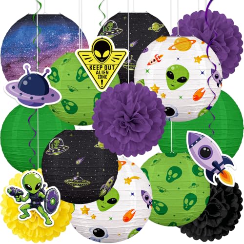 Alien UFO Paper Lanterns Party Decorations - 17 Pcs Space Theme Set