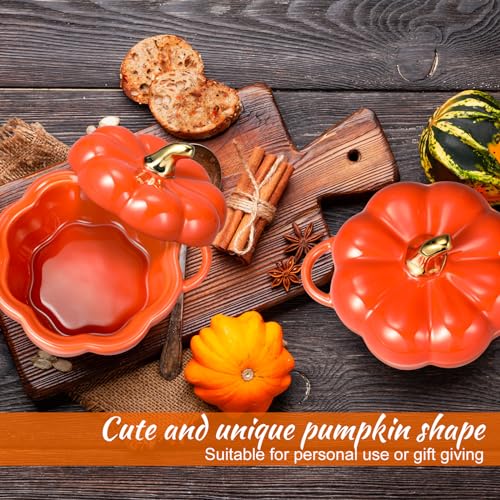 Set of 2 Ceramic Pumpkin Bowls with Lids and Insulation Pads - Orange, 15 oz Fall Decor