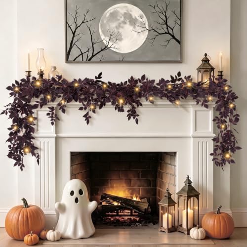 Fall Plum Garland with Lights - 6Ft Autumn Decor for Mantle & Home